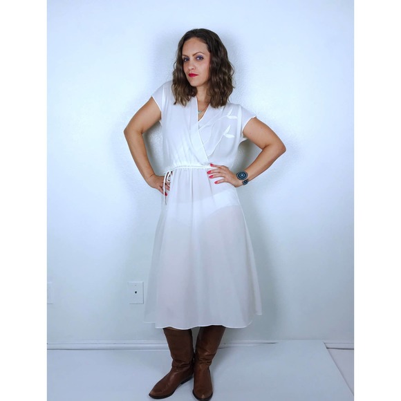 vintage 70s Sheer Ivory 3D FLOWERS Boho DRESS Medium/Lg belted secretary retro - Picture 3 of 10